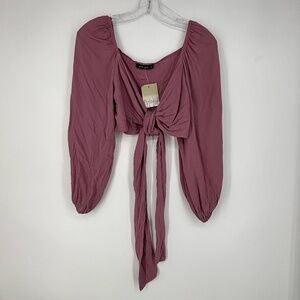 Gypsy Rose Juniors Medium Cropped Tie Front Blouse Dusty Purple Gauze 7/8 Sleeve